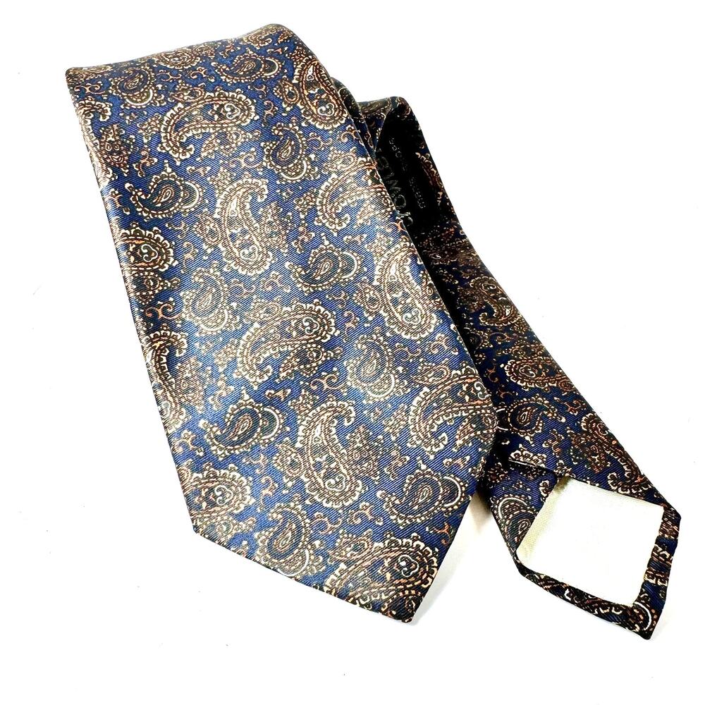 Christian Dior Monsieur Mens Navy‎ Blue Gold Paisley Silk Necktie Vintage France